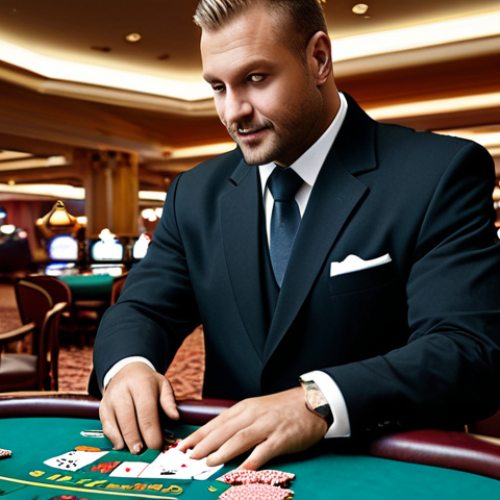 **

"A confident casino dealer, fully clothed in a professional uniform, expertly handling cards at a blackjack table. The casino is bustling in the background with slot machines and other players. Safe for work, appropriate content, perfect anatomy, natural proportions, high-quality render, family-friendly setting, professional."

**