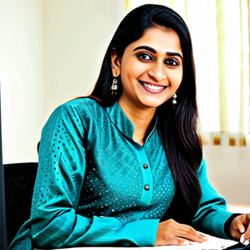 **

"A professional woman, fully clothed in a traditional yet modern salwar kameez, smiling warmly while managing accounts in a brightly lit, well-organized office. Appropriate attire, safe for work, family-friendly, perfect anatomy, natural pose, professional photography."

**